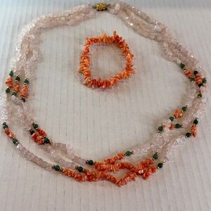 Vintage Rose Quartz & Coral Chip Necklace + Bracelet Set w/ Green Onyx Accents